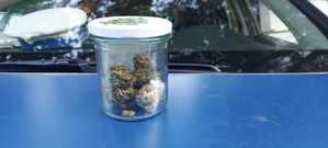 Zdjęcie przedstawiające marihuanę ujawniona podczas kontroli drogowej ukrytą w słoiku